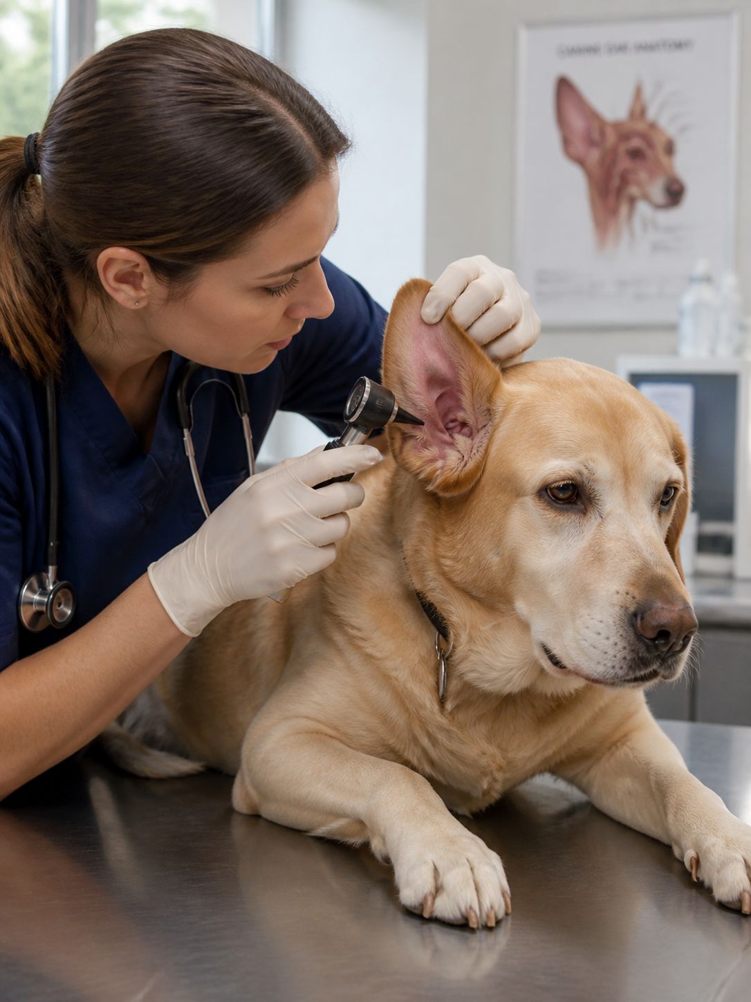 Veterinarian examining a dog ear for aural hematoma diagnosis and treatment