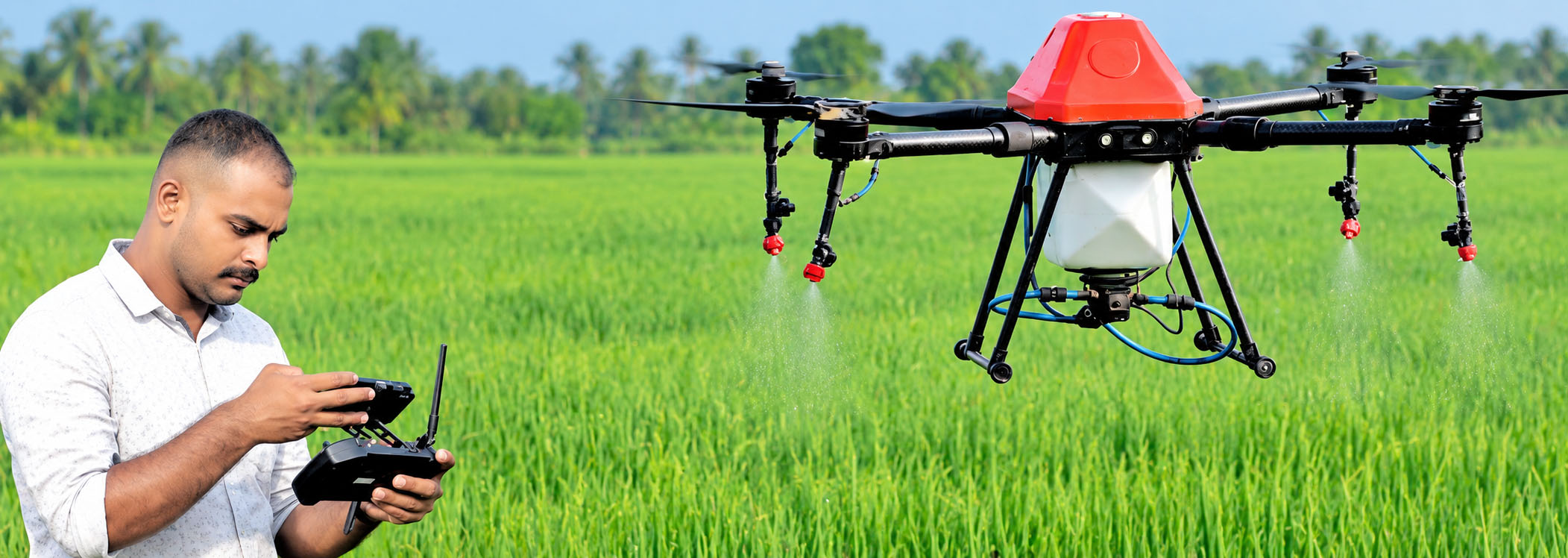 Aju Farmer & Drone Pilot Operating Drone over Paddy Fields