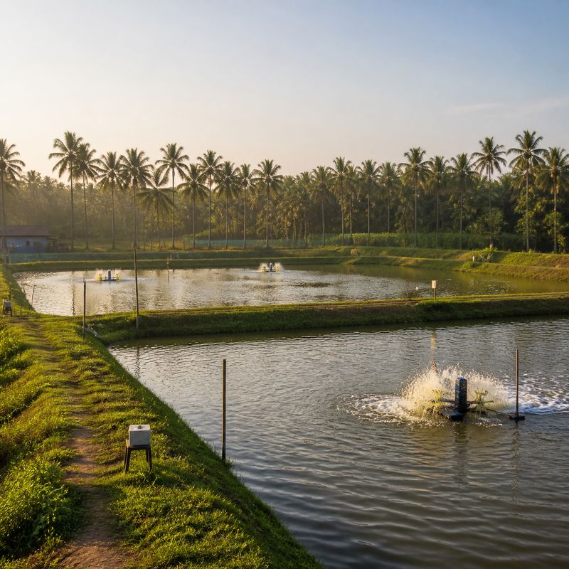 Vannamei shrimp earthen ponds at Ankola Karnataka showing brackish water aquaculture conditions