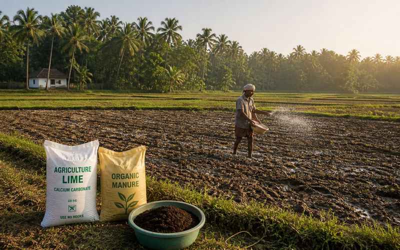 Broadcast paddy sowing field preparation after Vishu with plowed wetland and organic manure application