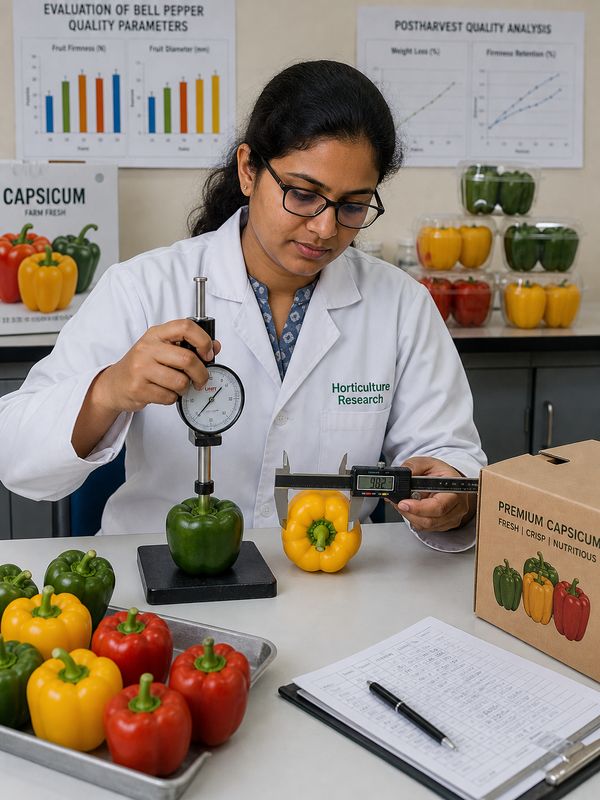 horticulture researcher measuring bell pepper firmness and diameter in postharvest packaging experiment