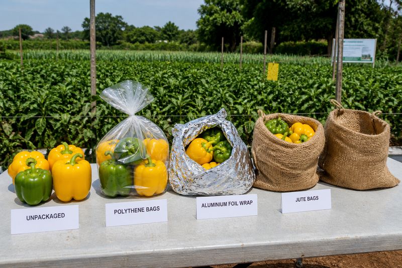 fresh yellow capsicum packed in polythene aluminium foil and jute bags for shelf life study