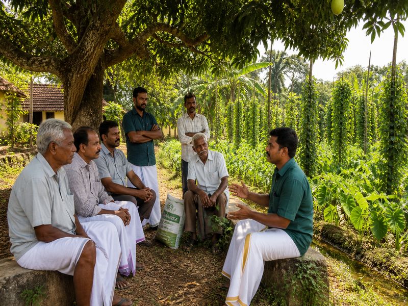 Young farmers discussing Kerala agriculture under a mango tree near a rural pepper farm