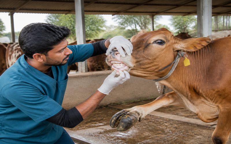 Veterinarian inspecting cattle mouth and hooves for foot-and-mouth disease symptoms on a farm