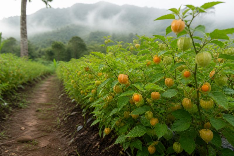 Golden Berry farming in Kerala hilly region with ripe husked fruits on organic plants