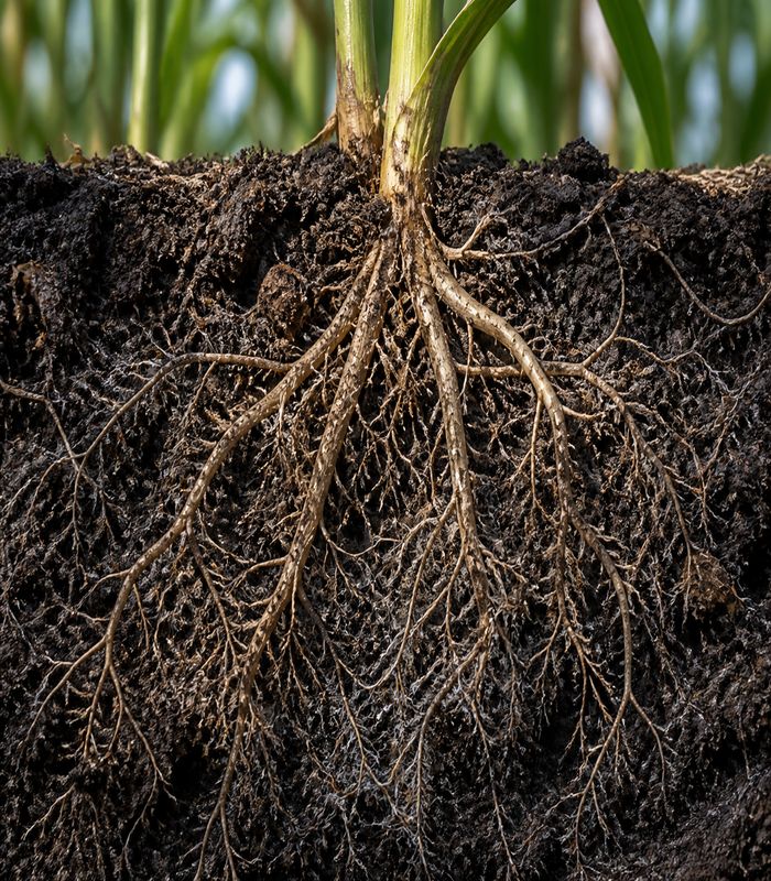 Healthy crop roots with soil carbon humus and beneficial mycorrhizae fungi