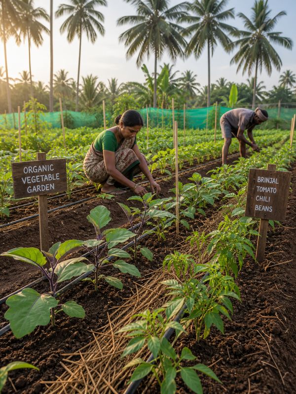 Organic vegetable garden with drip irrigation, mulch and young vegetable saplings near Isha Foundation Coimbatore