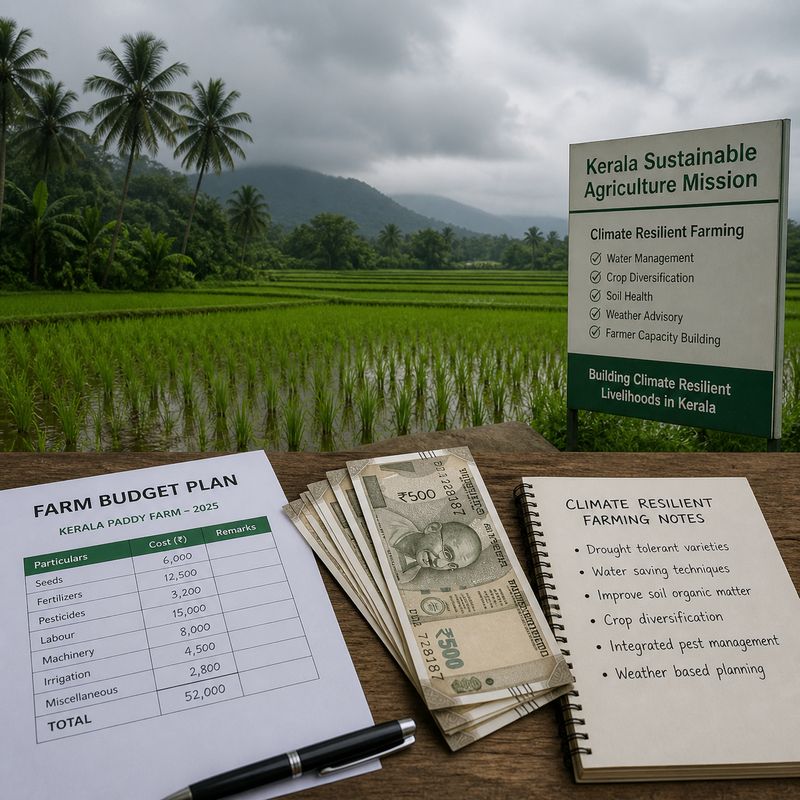 Kerala climate resilient farming budget discussion with paddy fields and financial documents