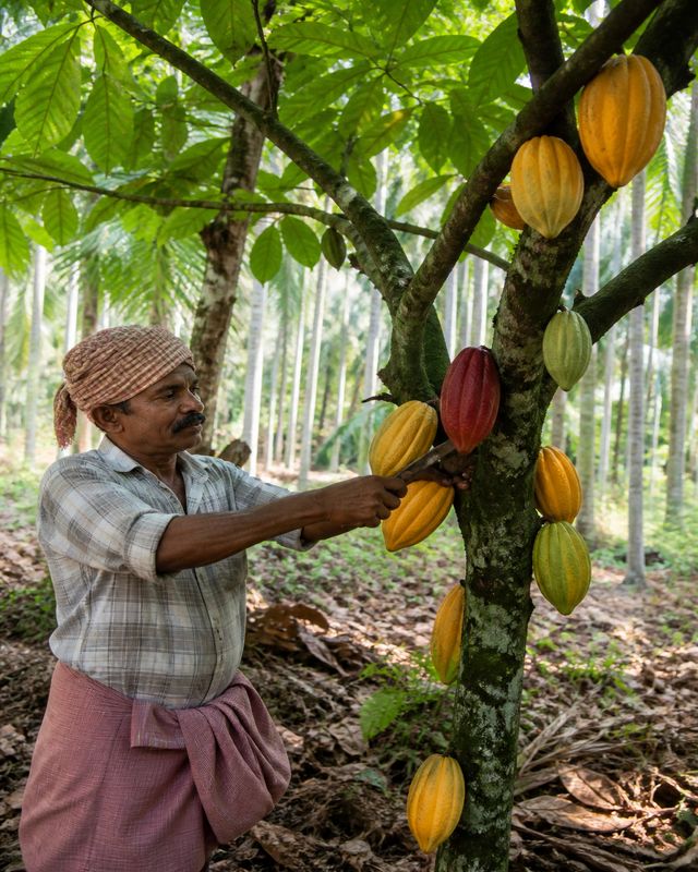 Kerala farmer harvesting ripe cocoa pods as cocoa prices rise sharply