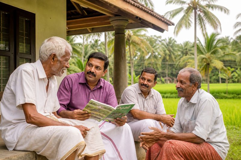 Kerala farmers reading an agriculture magazine and discussing Karshakasree reader letters in a village setting
