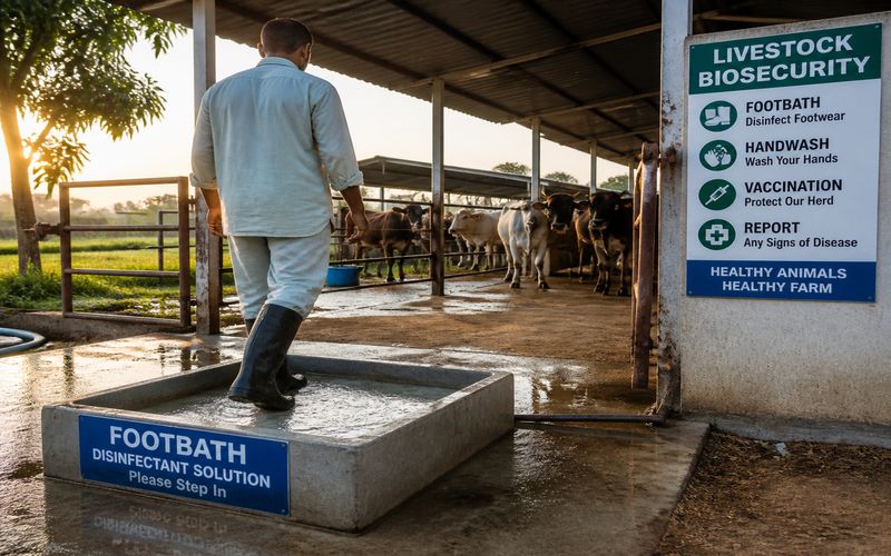 Disinfectant footbath at cattle shed entrance for livestock biosecurity and FMD prevention