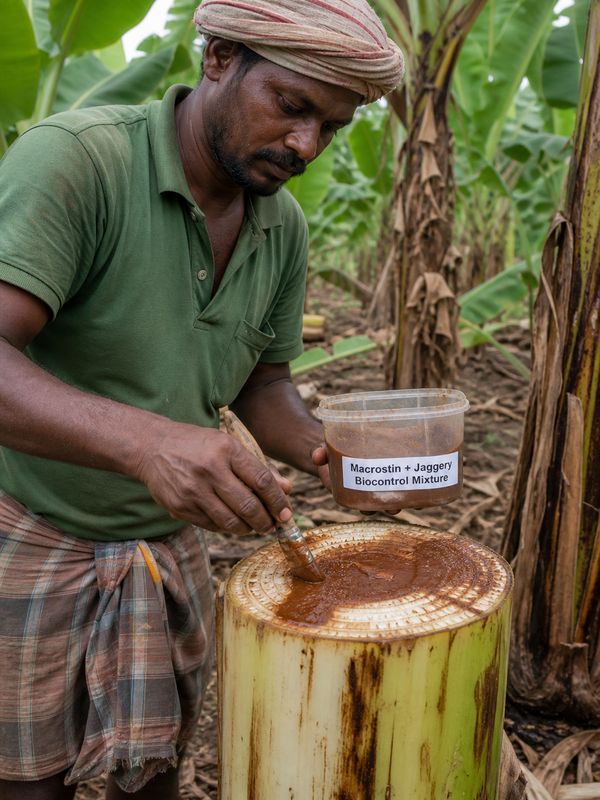 Macrostin biocontrol fungus mixture applied to a cut banana pseudostem after harvest