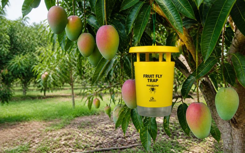 Pheromone trap hanging in a mango orchard for fruit fly control and integrated pest management