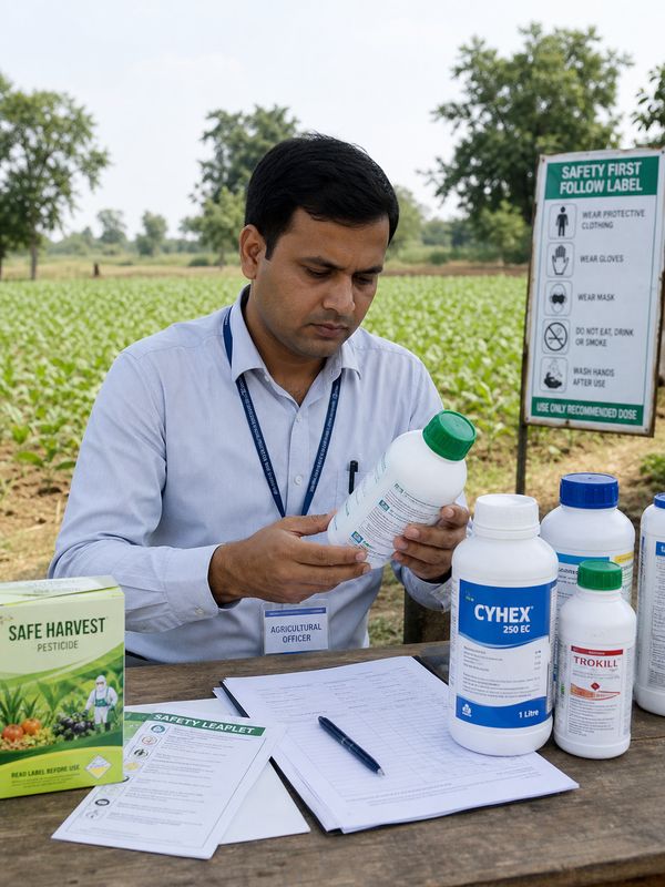 Agricultural officer inspecting pesticide registration labels and safety information for farm use