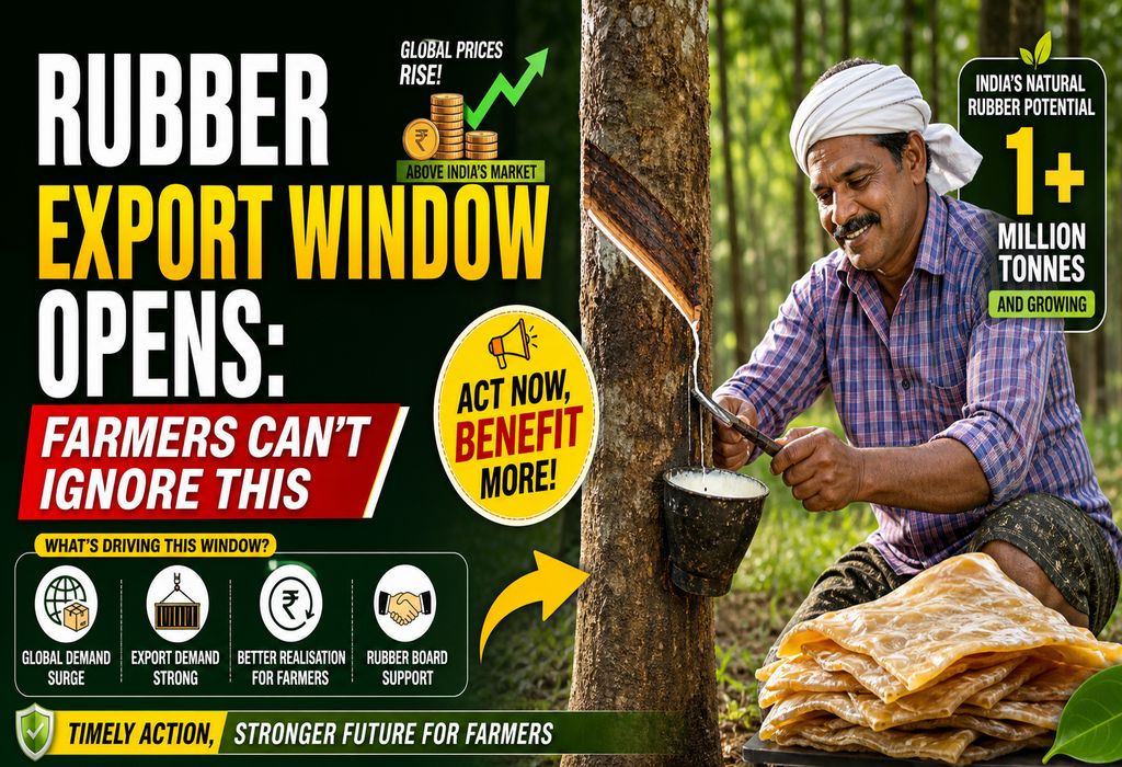 Stacked rubber sheets ready for export as international rubber prices rise above the Indian market price