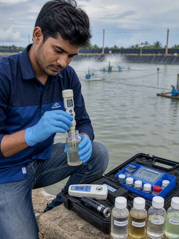 Technician testing Vannamei shrimp pond water quality for ammonia pH salinity and dissolved oxygen