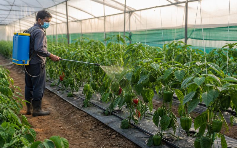 Sweet pepper plants growing in a protected greenhouse after organic nutrient spray and biofertilizer application