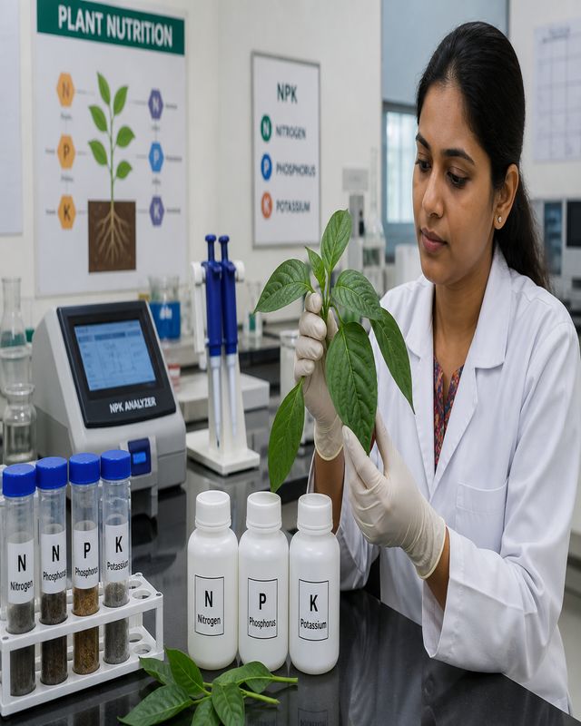 Scientist analyzing sweet pepper leaf samples for nitrogen phosphorus and potassium nutrient content in a laboratory